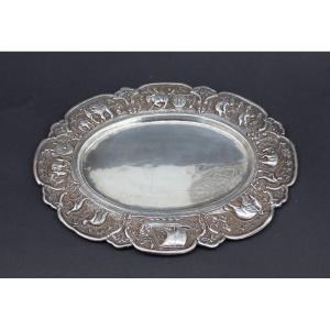 Ancien Plateau Birman en Argent massif Repoussé Éléphants Myanmar