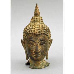 Tête de Bouddha Thaïlandaise Ancienne en Bronze, Style Sukhothaï, XVIIIe–XIXe Siècle