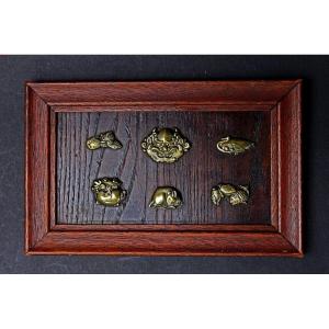 Framed Set Of Six Antique Japanese Menuki, Samurai Sword Ornaments, Edo–meiji (19th C.)