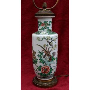 Vase Chinois Ancien Famille Verte Monté en Lampe, Oiseau et Pivoines, XIXe Siècle