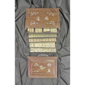 Jeu de Mahjong Chinois Ancien en Os et Bambou, Coffret en Bois, Complet