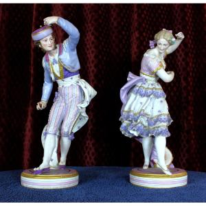Paire Ancienne en Porcelaine Biscuit Française Vion & Baury – Danseurs Espagnols, 45 cm, XIXᵉ S