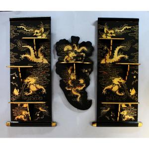Antique Chinese Export Black Lacquer Wall Display Shelves, Dragons, Foochow, C19th–early C20th