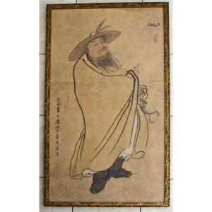 Large Antique Chinese Painting Depicting An Immortal, Signed.