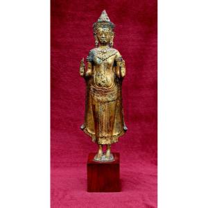 Large Antique Gilt Bronze Khmer Teaching Buddha, Angkor Wat Style, Vitarka Mudra, Cambodia Thai