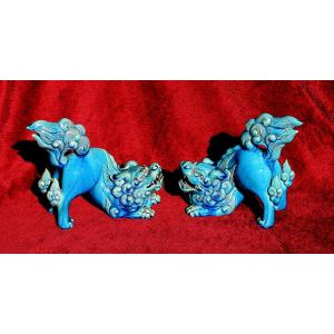 Paire De Lions Karashishi Japonais Anciens Émail Turquoise Meiji, XIXe