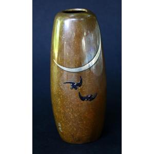 Antique Japanese Nogawa Mixed Metal Bronze Vase With Silver Inlay & Bats, Meiji-taisho Period