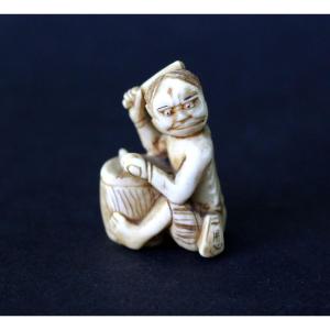 Antique Japanese Netsuke  Oni Playing A Drum, Signed Ozan, Meiji