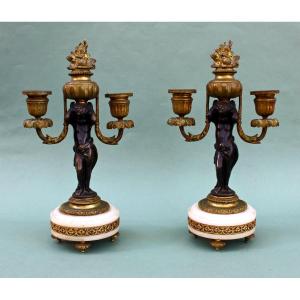Paire De Candélabres Louis XVI En Bronze Doré Et Albâtre À Caryatides, Fin XIXe Siècle