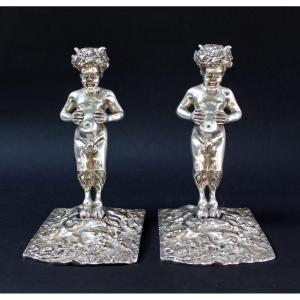 Pair Antique Silver-plated Bronze Satyr Faun Bookends, Bacchus Wine, Late C19th