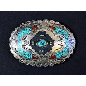 Vintage Navajo Sterling Silver Turquoise Coral Peyote Bird Buckle, Delvin Nelson C1970