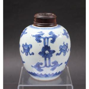 Antique Chinese Kangxi Blue And White Porcelain Ginger Jar, Lotus, Buddhist Objects