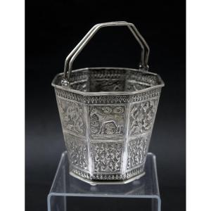 Antique Peranakan Straits Chinese Solid Silver Ice Bucket Or Basket, Meihe, C1900