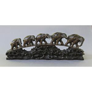 Sculpture Chinoise Ancienne en Bronze, Pont aux Éléphants, Socle en Bois, XIXe Siècle