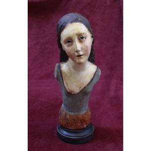 Antique Sicilian Polychrome Wood Processional Bust Of Saint Agatha, 17th-18th Century