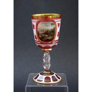 Antique Bohemian Ruby Overlay Glass Hunting Goblet, Noble Monogram, C19th