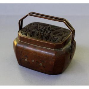 Antique Vietnamese Bronze Silver & Mixed Metal Inlaid Hand Warmer, 19th Century