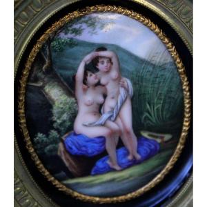 Plaque Ancienne Érotique, Deux Baigneuses Légèrement Vêtues, XIXe Siècle