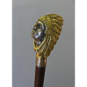 Antique Native American Indian Chief Walking Stick Cane, Silvered Gilt Bronze, Circa 1900