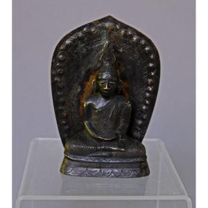Antique Sri Lankan Kandyan Bronze Seated Buddha With Mandorla Ceylon