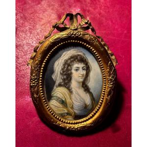 Portrait Miniature Ancien, Dame Identifiée Comme la Duchesse Amalie de Weimar, Cadre Doré
