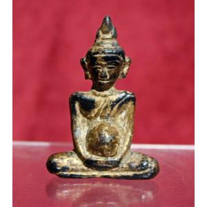 Antique Thai Gilt Bronze Phra Chaiwat Pocket Amulet, 19th Century Or Earlier