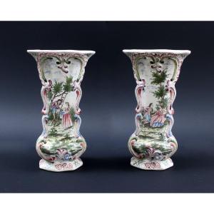 Pair Of Large Polychrome Delft Vases, Watteau-esque Scenes, Late 19th Century