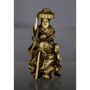 Okimono Japonais En Ivoire, Tokiwa Gozen Et Ses Trois Fils, Époque Meiji