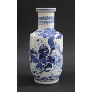 Antique Chinese Blue And White Porcelain Rouleau Vase, Kangxi Mark And Period, 36 Cm