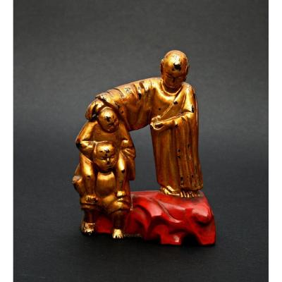 Groupe En Bois Doré Laque Sculptée Vietnamien Chinois Antique Bouddha