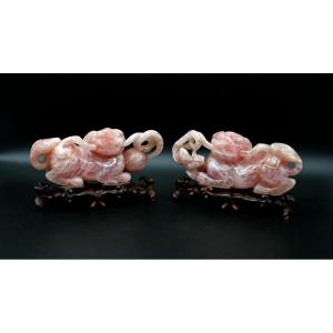  Belle Paire de Chiens de Fo - Lions Gardiens Impériaux En Quartz Rose Sculpté Antique Chinois 