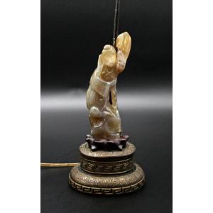 Ancienne Lampe Danseuse Chinoise En Agate Sculptée Pierre dure