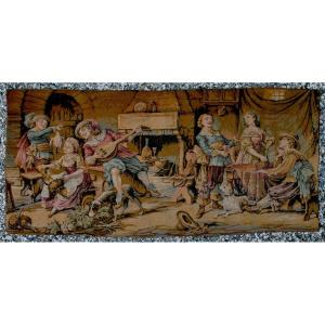 Large French Or Belgian Tapestry - Romantic Tavern Scene Lute Music