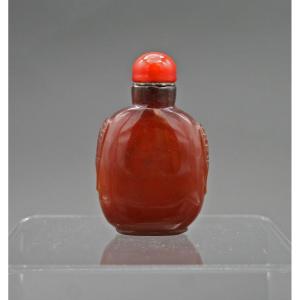 Ancient Chinese Snuff Bottle Peking Glass Coral Stopper