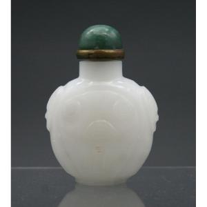 Antique Chinese Snuff Bottle Carved Peking Glass Imitating White Jade. Jade Stopper.