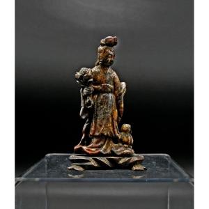 Antique  Soap Stone Carving Chang'e Chinese Goddess Of The Moon With Her Rabbit