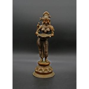 Lampe à Huile Bronze De Temple Hindou Indien Antique Sculpture Meenakshi Déesse Parvati