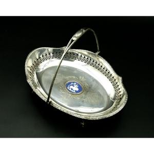 Victorian Wedgwood Jasper Intaglio Silver Plated Swivel Handle Basket