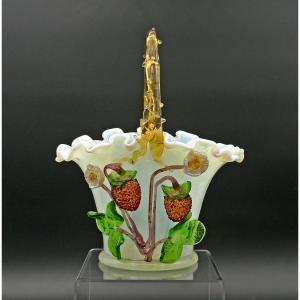 Exceptional Antique Opaline Glass Strawberry Basket