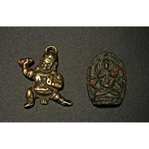 Two Antique Tibetan Buddhist Amulets Thokcha Tsa Tsa Vajrapani Namasangiti Manjushri