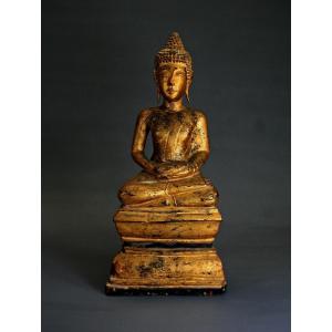 Bouddha Antique Thaïlandais Ou Laos En Bois Sculpté, Laqué Et Doré - Clin d'œil