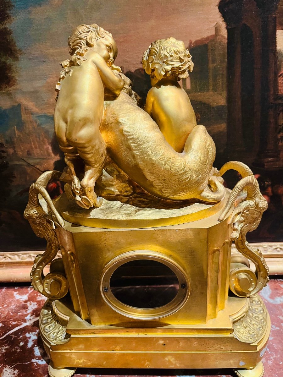 Pendule Aux Faunes En Bronze Doré D’époque Napoléon III-photo-5