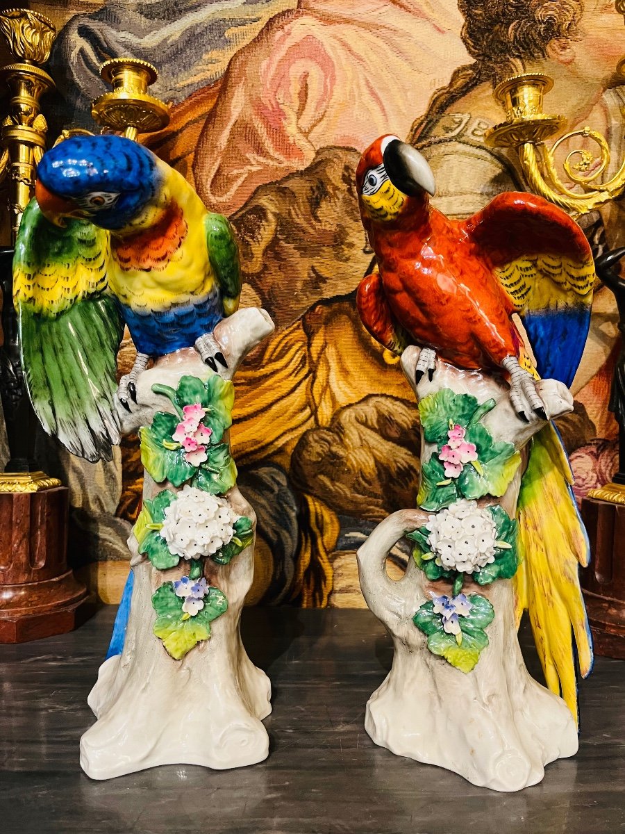 Pair Of Parrots, German Porcelain.