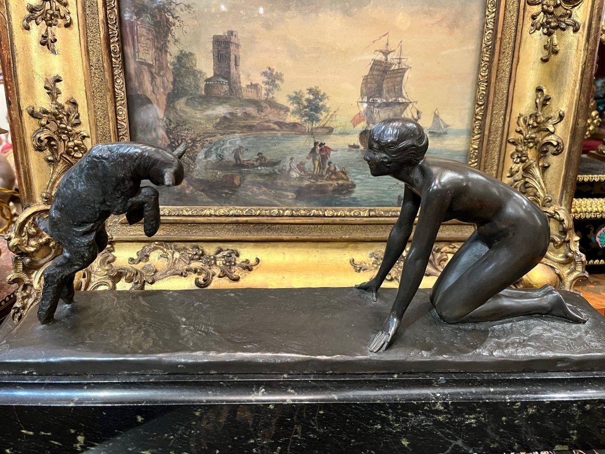 Paul  Silvestre, Jeune Femme Au Chevreau, bronze.