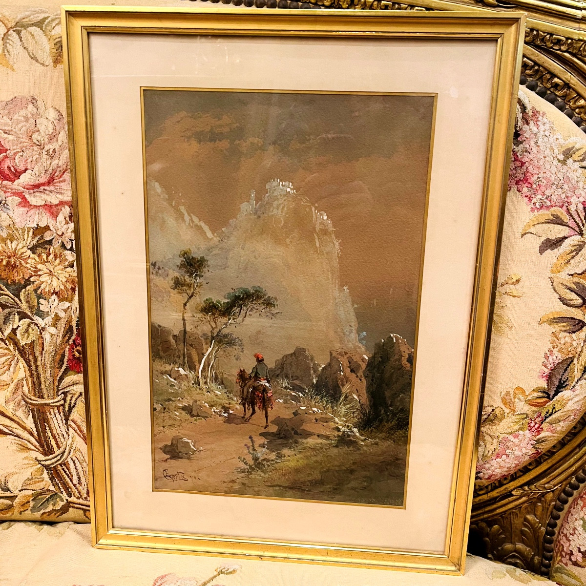 Emmanuel Costa, Aquarelle Muletier, XIXe.