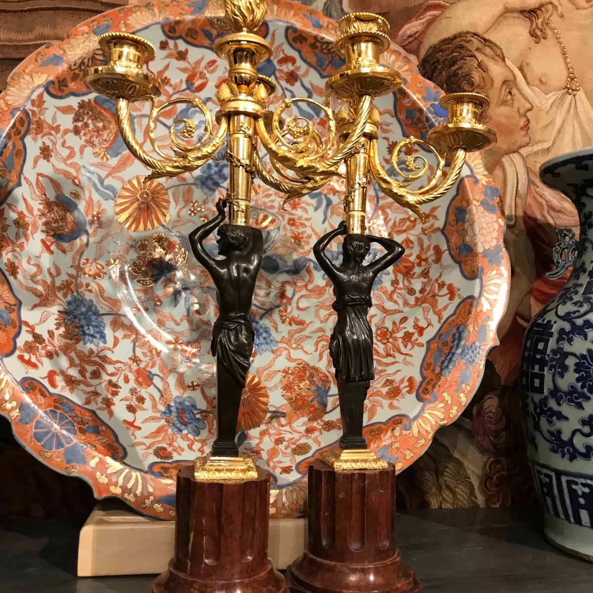 Pair Of Bronze And Marble Candelabra-photo-5
