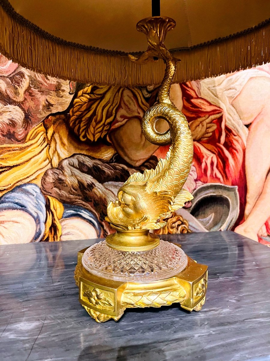 Lampe Au Dauphin En Bronze, XIX ème -photo-2