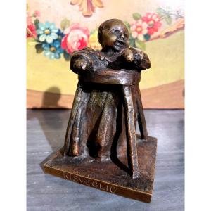 Bronze By Eugenio Pellini, The Toddler, XIX Th.
