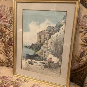 Emmanuel Costa, Aquarelle Villefranche sur mer, XIX ème.