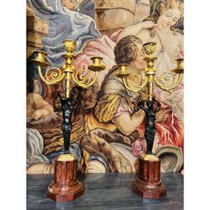 Pair Of Bronze And Marble Candelabra